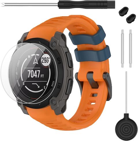 حزام متوافق مع Garmin Instinct 3 45 مم/50 مم، حزام ساعة بديل من السيليكون الناعم بعرض 20/22/26 مم و2 واقي شاشة لساعة Instinct E الذكية 40 مم 45 مم للنساء والرجال in Kuwait