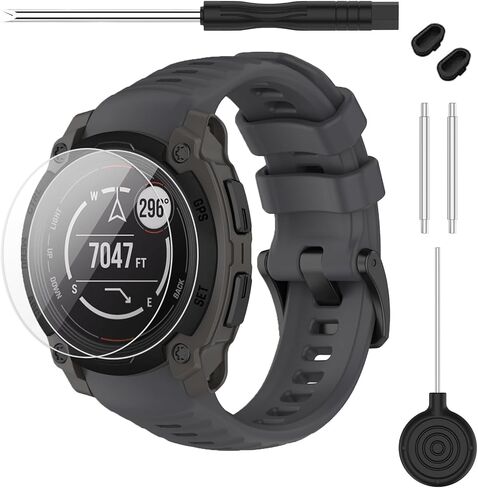 حزام متوافق مع Garmin Instinct 3 45 مم/50 مم، حزام ساعة بديل من السيليكون الناعم بعرض 20/22/26 مم و2 واقي شاشة لساعة Instinct E الذكية 40 مم 45 مم للنساء والرجال in Kuwait
