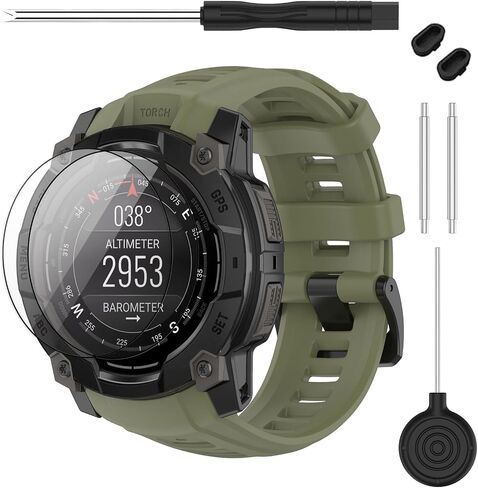 حزام متوافق مع Garmin Instinct 3 45 مم/50 مم، حزام ساعة بديل من السيليكون الناعم بعرض 20/22/26 مم و2 واقي شاشة لساعة Instinct E الذكية 40 مم 45 مم للنساء والرجال in Kuwait
