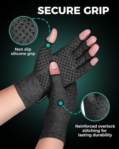 Fingerless Arthritis Compression Gloves, 2 Pairs | Soft cotton-spandex compression fit with open fingers for typing and crafting; size up if between sizes in Kuwait