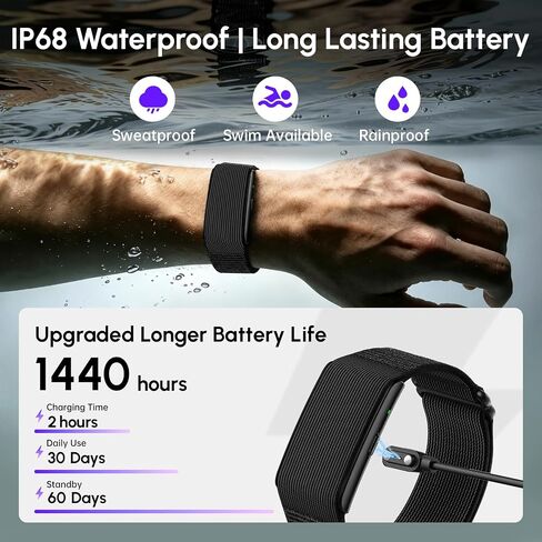 Fitness Smart Bracelet,24/7 Sleep & Health Tracker,170+ Sport Modes | Heart Rate, SpO2, Stress, Step & Calorie Tracker, 30 Days Battery, IP68 Waterproof, Screenless, Smart Wristband, Free App in Kuwait