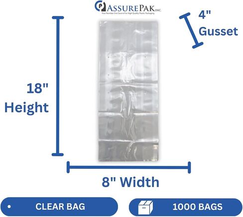 أكياس شفافة (لون طبيعي) LDPE بولي (مع فتحات تهوية) - 8 × 4 × 18 بوصة - 1000 كيس - 0.80 مل - شفاف - LDVENT8418WF - AssurePak in Kuwait