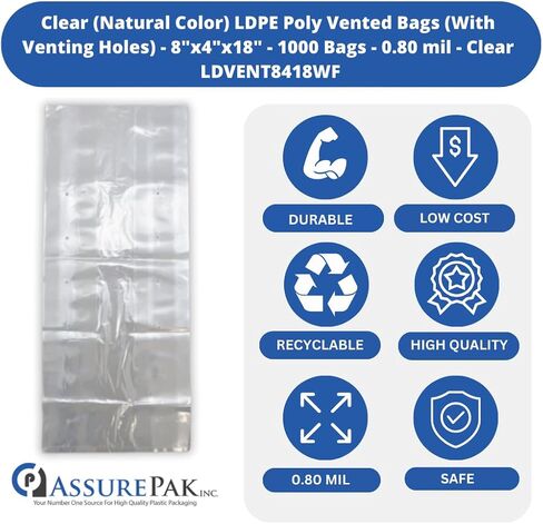 أكياس شفافة (لون طبيعي) LDPE بولي (مع فتحات تهوية) - 8 × 4 × 18 بوصة - 1000 كيس - 0.80 مل - شفاف - LDVENT8418WF - AssurePak in Kuwait