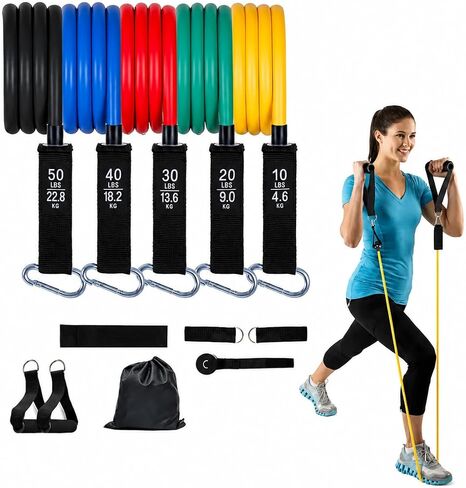 Resistance Bands Set 150 lbs - 5 Stackable Workout Bands with Handles, Door Anchor & Ankle Straps - Home Gym Equipment for Men Women - Strength Training & Physical Therapy in Kuwait