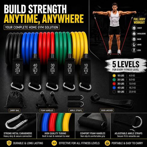Resistance Bands Set 150 lbs - 5 Stackable Workout Bands with Handles, Door Anchor & Ankle Straps - Home Gym Equipment for Men Women - Strength Training & Physical Therapy in Kuwait