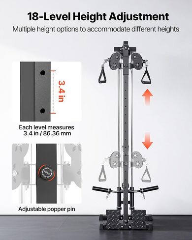 VEVOR LAT Pull Down Machine, 3-in-1 Row Cable Machine, Cable Machines Home Gym with 18-Levels Height Adjustment, Wall-Mount Design, Load 500 lbs LAT Tower for Full-Body Workouts, Single-Arm Training in Kuwait