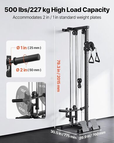 VEVOR LAT Pull Down Machine, 3-in-1 Row Cable Machine, Cable Machines Home Gym with 18-Levels Height Adjustment, Wall-Mount Design, Load 500 lbs LAT Tower for Full-Body Workouts, Single-Arm Training in Kuwait