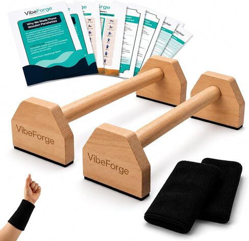 Parallettes الخشبية من ProGrip - قضبان دفع مضادة للانزلاق، وتمارين رياضية، وحامل على اليدين | خشب الزان الفاخر، 9.88 بوصة، القاعدة، يحمل 595 رطلاً - الانخفاضات، الجلوس على شكل حرف L، بلانش، صالة الألعاب الرياضية المنزلية والسفر، أغطية المعصم متضمنة. in Kuwait