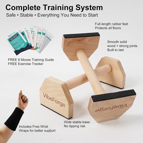 Parallettes الخشبية من ProGrip - قضبان دفع مضادة للانزلاق، وتمارين رياضية، وحامل على اليدين | خشب الزان الفاخر، 9.88 بوصة، القاعدة، يحمل 595 رطلاً - الانخفاضات، الجلوس على شكل حرف L، بلانش، صالة الألعاب الرياضية المنزلية والسفر، أغطية المعصم متضمنة. in Kuwait