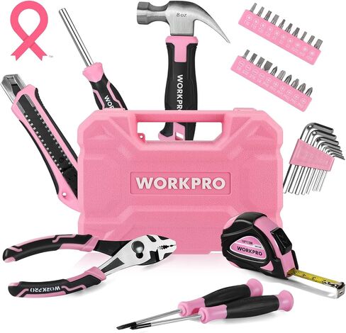 مجموعة أدوات وردية مكونة من 35 قطعة من WORKPRO، مجموعة أدوات منزلية مع صندوق أدوات تخزين، مجموعة أدوات أساسية للمنزل، المرآب، الشقة، النوم، المنزل الجديد، العودة إلى المدرسة - الشريط الوردي in Kuwait
