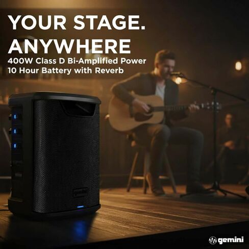 مكبر صوت جيميني لاسلكي يعمل بالبطارية، 400 واط، OTG (GPSS-650 MKII) | بطارية 106 ديسيبل PA، ثنائية الأمبير، حتى 10 ساعات - خلاط 3 قنوات، تردد، ميكروفون متضمن - XLR/1/4"، OTG - بلوتوث in Kuwait