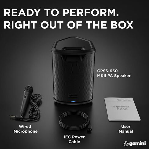 مكبر صوت جيميني لاسلكي يعمل بالبطارية، 400 واط، OTG (GPSS-650 MKII) | بطارية 106 ديسيبل PA، ثنائية الأمبير، حتى 10 ساعات - خلاط 3 قنوات، تردد، ميكروفون متضمن - XLR/1/4"، OTG - بلوتوث in Kuwait