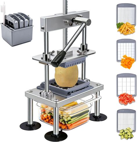 Moeuonb French Fry Cutter for Potatoes Vegetable Chopper for Tomatoes Fruit | 4 Replaceable blades, Stainless steel Construction, 10x Labor Saving Lever, Quick Change blade, Configure Food Container in Kuwait