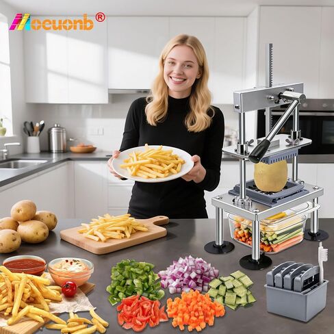 Moeuonb French Fry Cutter for Potatoes Vegetable Chopper for Tomatoes Fruit | 4 Replaceable blades, Stainless steel Construction, 10x Labor Saving Lever, Quick Change blade, Configure Food Container in Kuwait