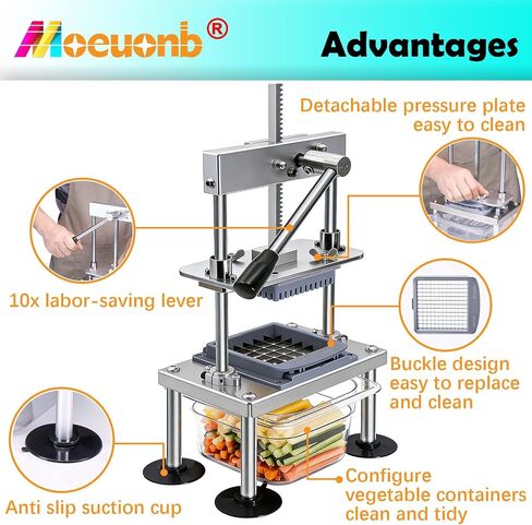 Moeuonb French Fry Cutter for Potatoes Vegetable Chopper for Tomatoes Fruit | 4 Replaceable blades, Stainless steel Construction, 10x Labor Saving Lever, Quick Change blade, Configure Food Container in Kuwait