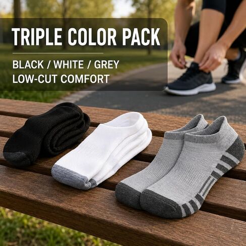 Men's Ankle Socks 3 Pack,Breathable Cotton Low Cut Athletic Socks,Non-Slip Cushioned Sports Socks for Running Casual Wear in Kuwait
