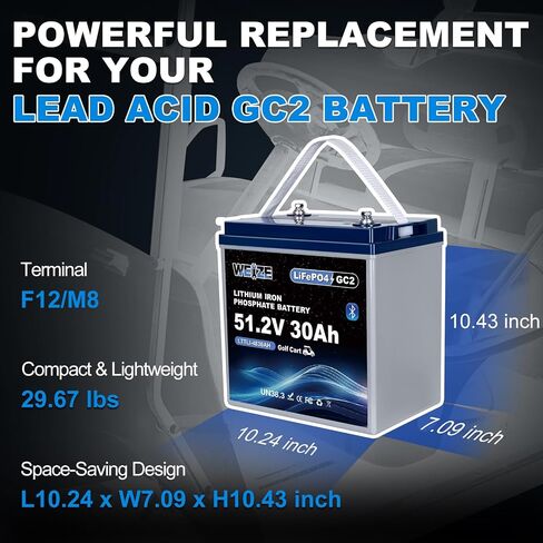 WEIZE 48V 30AH GC8 بطارية جولف LiFePO4 بلوتوث، خلايا من الدرجة A، 100A BMS، بطارية ليثيوم ذات دورة عميقة للحماية من درجات الحرارة المنخفضة لعربات الجولف، RVs، النظام الشمسي in Kuwait