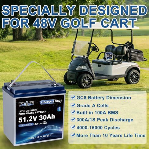 WEIZE 48V 30AH GC8 بطارية جولف LiFePO4 بلوتوث، خلايا من الدرجة A، 100A BMS، بطارية ليثيوم ذات دورة عميقة للحماية من درجات الحرارة المنخفضة لعربات الجولف، RVs، النظام الشمسي in Kuwait