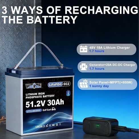 WEIZE 48V 30AH GC8 بطارية جولف LiFePO4 بلوتوث، خلايا من الدرجة A، 100A BMS، بطارية ليثيوم ذات دورة عميقة للحماية من درجات الحرارة المنخفضة لعربات الجولف، RVs، النظام الشمسي in Kuwait