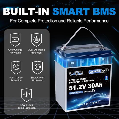 WEIZE 48V 30AH GC8 بطارية جولف LiFePO4 بلوتوث، خلايا من الدرجة A، 100A BMS، بطارية ليثيوم ذات دورة عميقة للحماية من درجات الحرارة المنخفضة لعربات الجولف، RVs، النظام الشمسي in Kuwait
