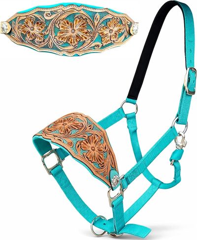 رسن برونزي من Majestic Ally Western Horse، حزام أنف من الجلد المبطن باللون الفيروزي، لمسة نهائية عتيقة، تصميم زهور مزخرف، نايلون قابل للتعديل in Kuwait