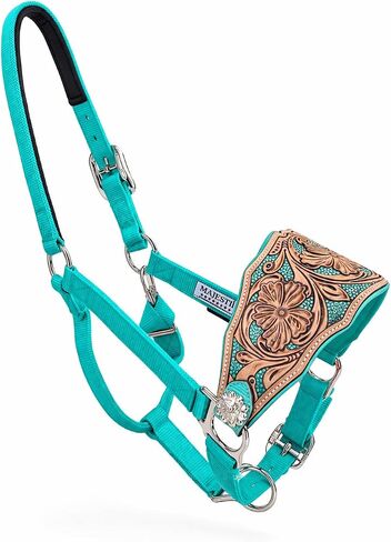 رسن برونزي من Majestic Ally Western Horse، حزام أنف من الجلد المبطن باللون الفيروزي، لمسة نهائية عتيقة، تصميم زهور مزخرف، نايلون قابل للتعديل in Kuwait