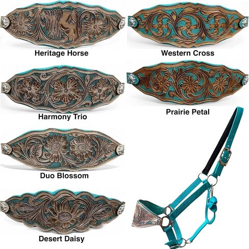 رسن برونزي من Majestic Ally Western Horse، حزام أنف من الجلد المبطن باللون الفيروزي، لمسة نهائية عتيقة، تصميم زهور مزخرف، نايلون قابل للتعديل in Kuwait