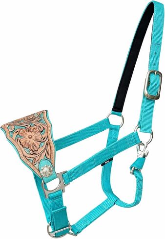 رسن برونزي من Majestic Ally Western Horse، حزام أنف من الجلد المبطن باللون الفيروزي، لمسة نهائية عتيقة، تصميم زهور مزخرف، نايلون قابل للتعديل in Kuwait