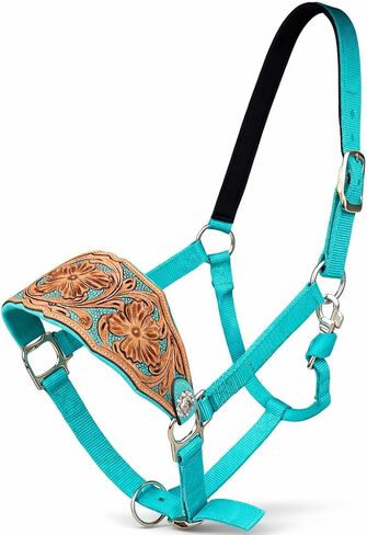 رسن برونزي من Majestic Ally Western Horse، حزام أنف من الجلد المبطن باللون الفيروزي، لمسة نهائية عتيقة، تصميم زهور مزخرف، نايلون قابل للتعديل in Kuwait