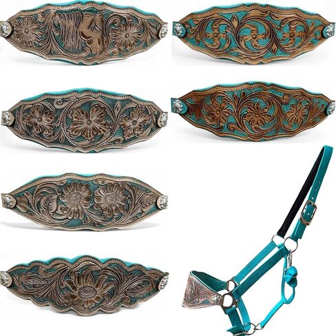 رسن برونزي من Majestic Ally Western Horse، حزام أنف من الجلد المبطن باللون الفيروزي، لمسة نهائية عتيقة، تصميم زهور مزخرف، نايلون قابل للتعديل in Kuwait