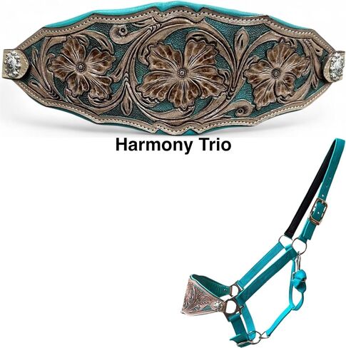 رسن برونزي من Majestic Ally Western Horse، حزام أنف من الجلد المبطن باللون الفيروزي، لمسة نهائية عتيقة، تصميم زهور مزخرف، نايلون قابل للتعديل in Kuwait