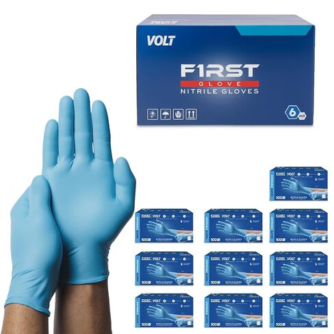 قفازات FIRST GLOVE فولت 6 مل من النتريل الأزرق للاستعمال مرة واحدة - عدد 100 كبير - قفازات طبية آمنة للطعام من درجة الفحص الطبي للطهي والتنظيف - خالية من اللاتكس، خالية من المسحوق، قبضة منسوجة in Kuwait