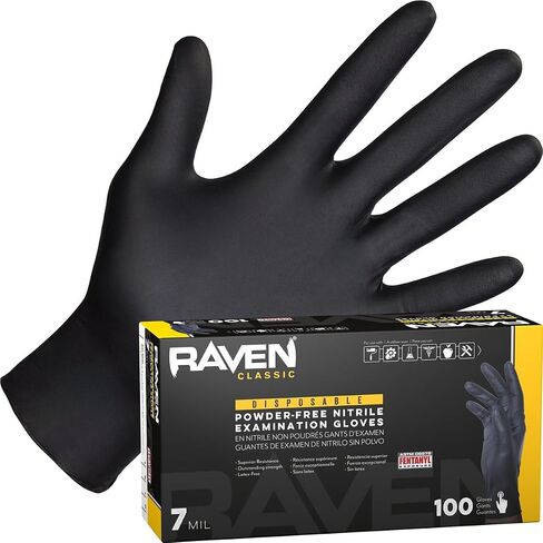 قفازات SAS Raven 7 Mil Nitrile خالية من البودرة للاستعمال مرة واحدة، 50 زوجًا، أسود، كبير، تصنيف ASTM D6978، الموديل # 66518 in Kuwait