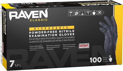 قفازات SAS Raven 7 Mil Nitrile خالية من البودرة للاستعمال مرة واحدة، 50 زوجًا، أسود، كبير، تصنيف ASTM D6978، الموديل # 66518 in Kuwait