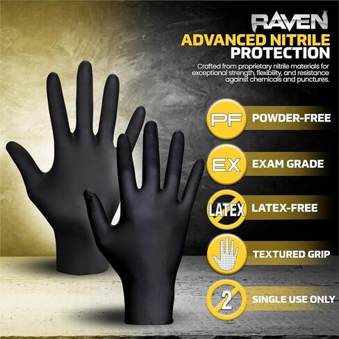قفازات SAS Raven 7 Mil Nitrile خالية من البودرة للاستعمال مرة واحدة، 50 زوجًا، أسود، كبير، تصنيف ASTM D6978، الموديل # 66518 in Kuwait