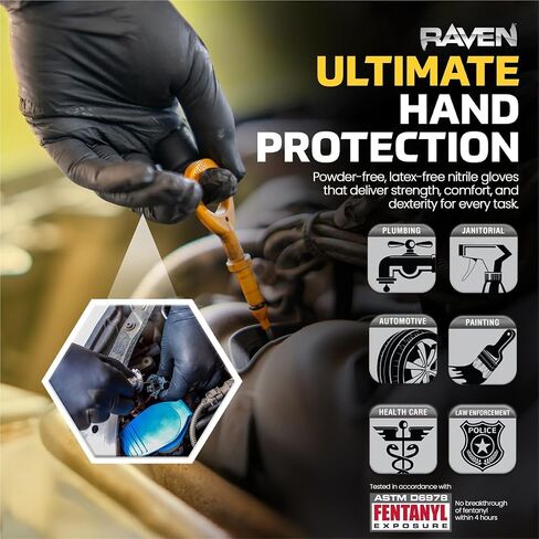 قفازات SAS Raven 7 Mil Nitrile خالية من البودرة للاستعمال مرة واحدة، 50 زوجًا، أسود، كبير، تصنيف ASTM D6978، الموديل # 66518 in Kuwait