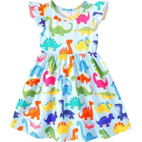 Happy Town Toddler Baby Girl Dress Summer Outfits Dinosaur Dresses Fly Sleeve Girls Casual Sundress