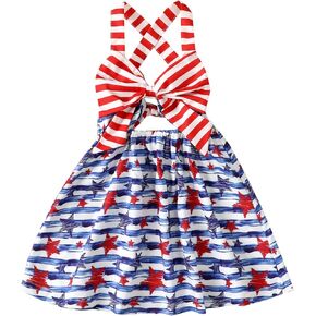 Noubeau 4th من يوليو طفل طفلة ملابس القوس فستان الرسن عارية الذراعين فساتين نجمة المشارب ملابس الصيف الوطنية in Kuwait