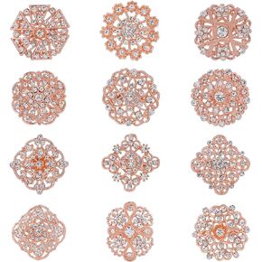 WeimanJewelry Rose Gold Plated 12pcs Clear Crystal Rhinestones Brooch Pin Set for DIY Wedding Bouquets Kit