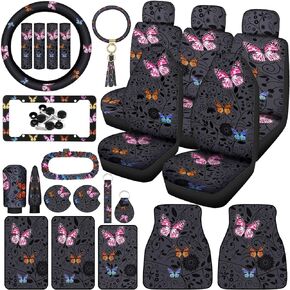 Tallew Butterfly Seat Covers Full Set for Women Butterfly Universal Car Accessories Rubber Steering Wheel Cover License Plate Frame Mirror Covers 26 Pcs Fit Car SUV Auto(Multicolor Style)