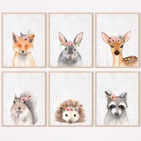 DREAM BIG PRINTABLES Woodland Animals Nursery Wall Art Prints (Set of 6) - Unframed - 8x10s | Farmhouse Boho Art - Great Baby Shower Gift - Unisex for Boys and Girls - Kids Bedroom Decor