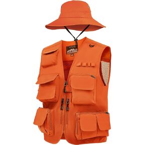 Shihanee 2 Pcs Fishing Vest and Hat for Men Multi Pocket Safari Vest Jacket for Outdoor Work Summer Travel Cargo Hunting