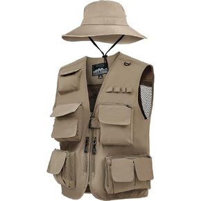 Shihanee 2 Pcs Fishing Vest and Hat for Men Multi Pocket Safari Vest Jacket for Outdoor Work Summer Travel Cargo Hunting