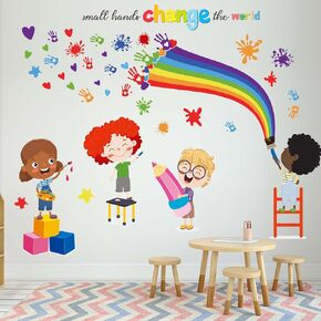 Small Hands Change The World Wall Stickers - Inspirational Quotes Rainbow Wall Decals - Kids Room Nursery Classroom School Daycare Library Playroom Wall Decor