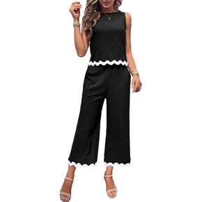 HangNiFang Womens Summer 2 Piece Outfits Sleeveless Cropped Tank Button Back Top Capri Wide Leg Pant Linen Set