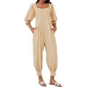 Labolliy جمبسوت نسائي فضفاض غير رسمي سادة رقبة مربعة منتفخة نصف كم على شكل حرف V من الخلف طويل سراويلي حريمي مع جيوب in Kuwait