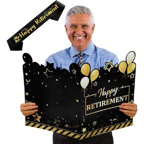 Happy Retirement Party Decorations Card with Retirement Sash, Black Gold Large Retirement Card for Signing, Jumbo Retired Guest Book Greeting Card, Giant Farewell Retired Card Gifts for Men, Women