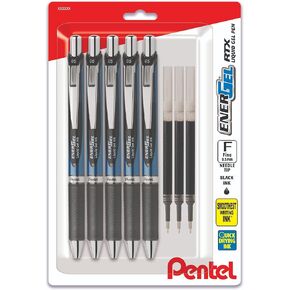 Pentel Energel 0.5 mm Needle Tip Pens - Energel RTX Retractable Liquid Gel Pen Set - Pack of 5 Black Pens with 3 Refills