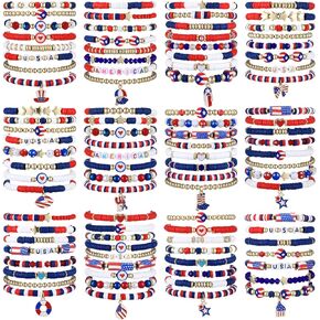 96 Pcs 4th of July Bracelets Set Patriotic Friendship Bracelets Inspirational Stretch Bracelets Y2k Colorful Beaded Bracelets Bulk Adjustable Flat Bracelets for Women Party Favors