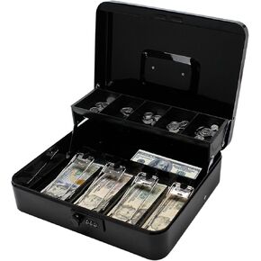 Secure Locking Cash Box with Key or comnination, Money Tray, and Organizer - Metal Money Safe for Cash Management (Black Combination)